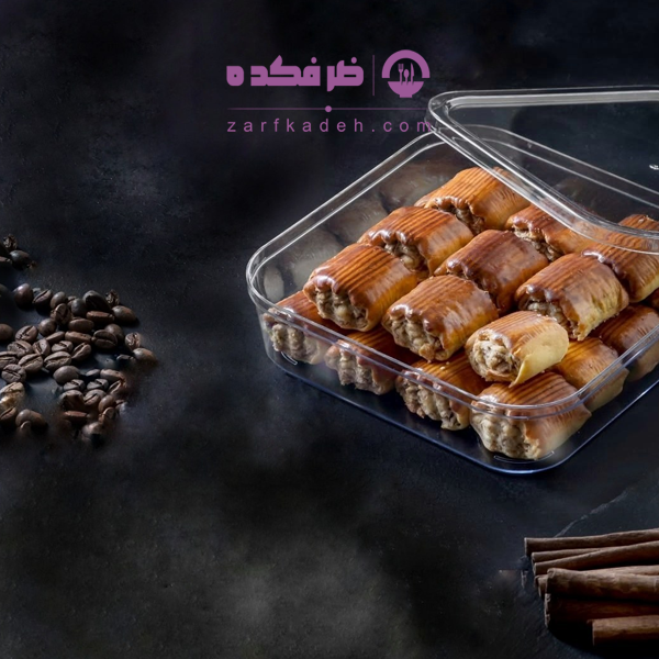 ظرف دسری یکبار مصرف رز 1000 چیدمان دسر در ظرف دسری یکبار مصرف رز ۱۰۰۰ سیسی درب دار شفاف
